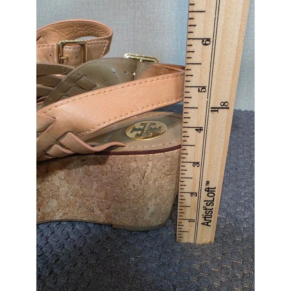 Tory Burch Tan Leather Woven Cage Cork Platform Wedge Sandals 7.5 M Brazil